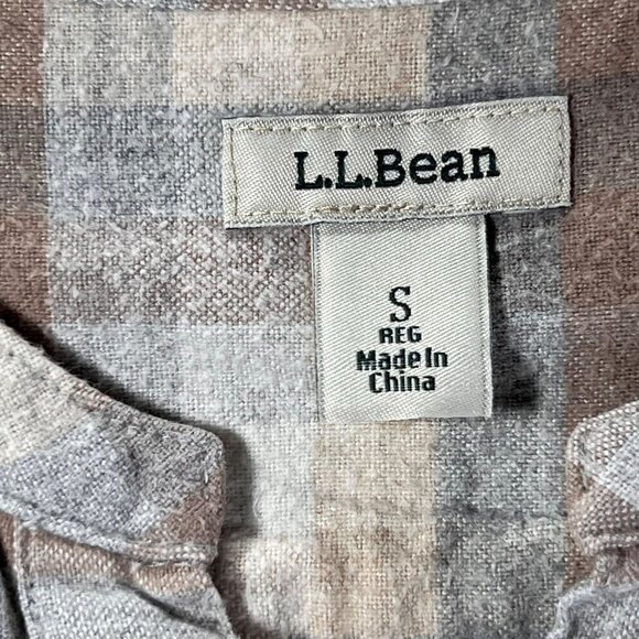 LL Bean Womens Small Plaid Flannel Button Up Shirt Band Collar Soft Beige Brown - Picture 6 of 12